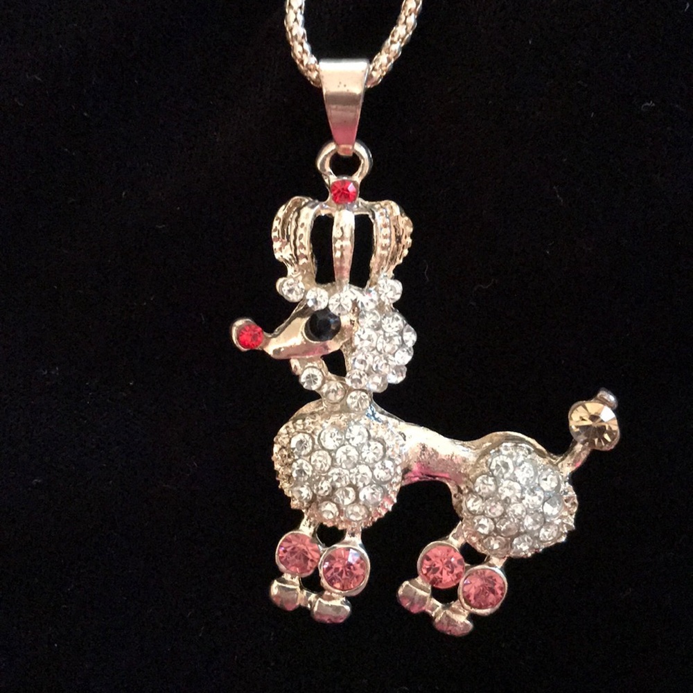 Rhinestone Poodle Pendant Necklace Movable Feet